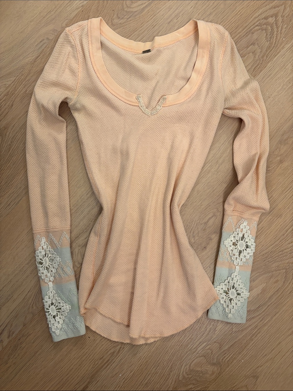Free People Peach Waffle Henley Long Sleeve